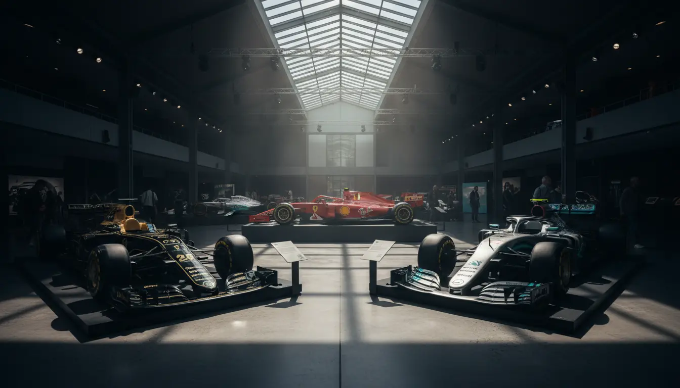 Formula 1 cars on display inside a museum hall with dramatic lighting