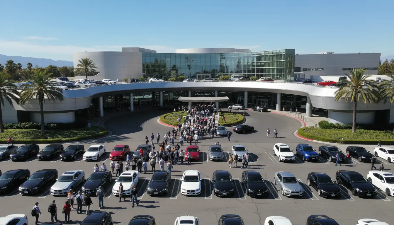 Visitors arriving at a large automobile museum with parking area nearby