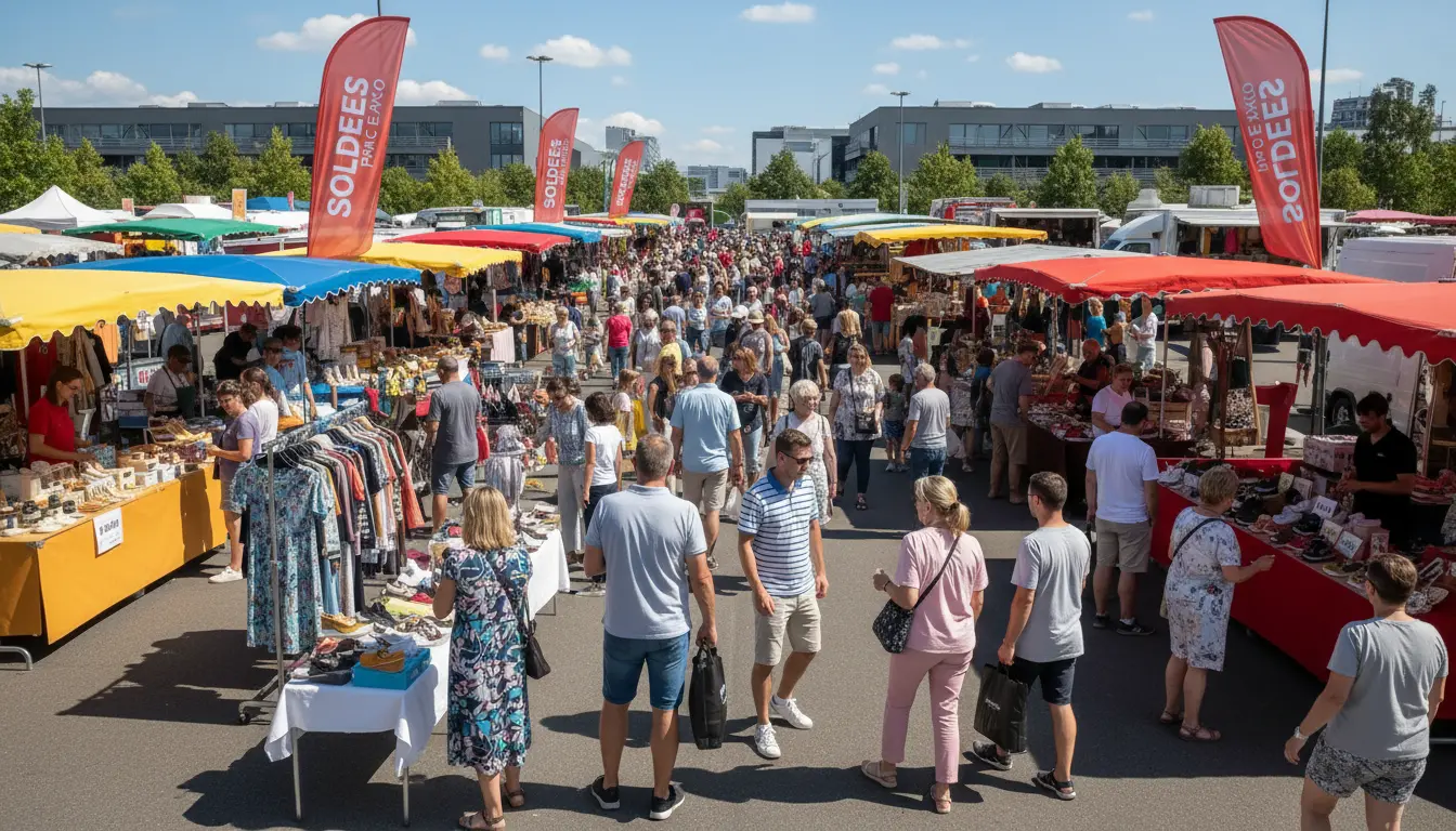Wide summer bargain fair at Mulhouse Parc Expo with busy outdoor stalls and visitors
