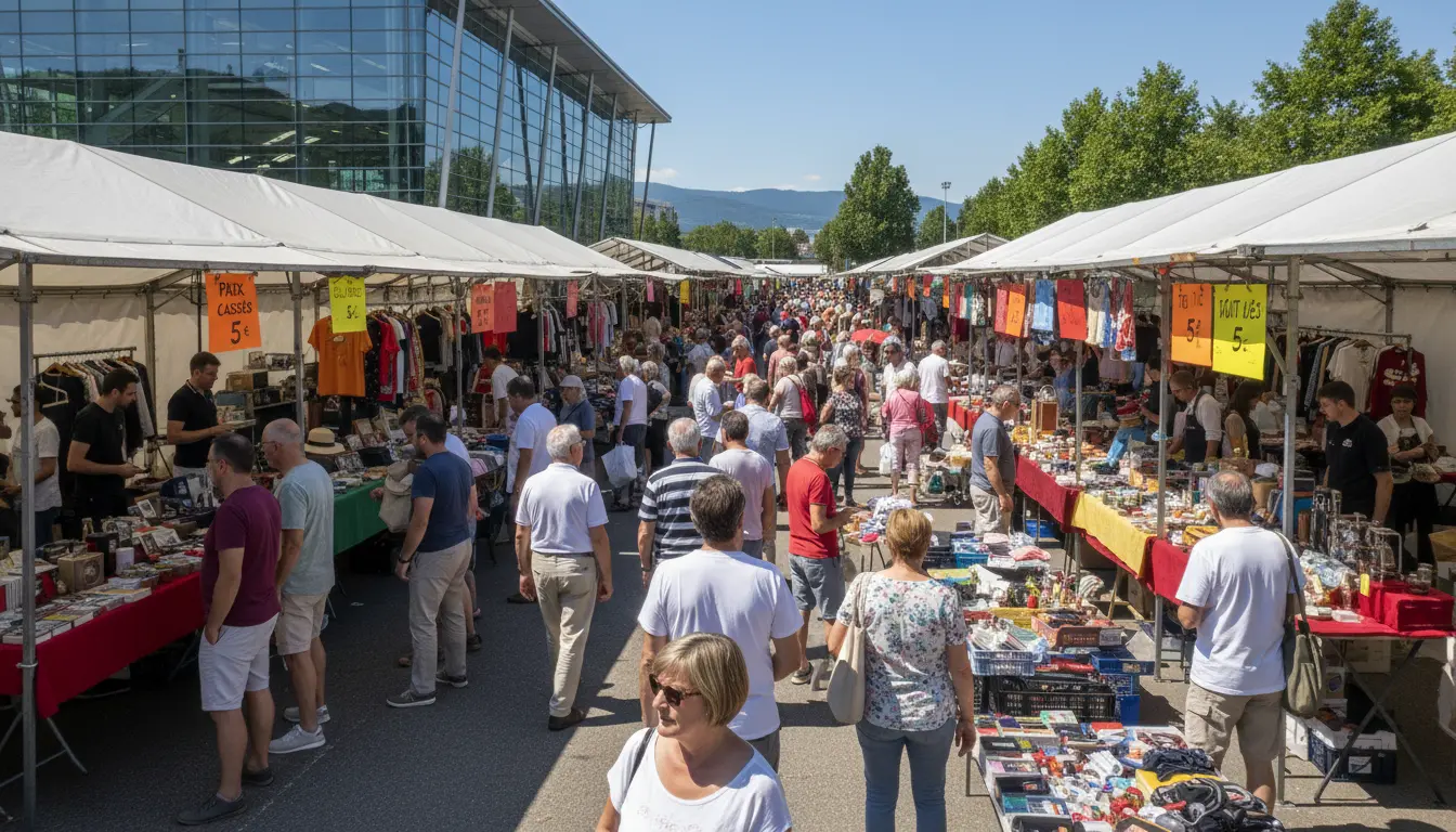 Visitors browsing discount stalls at the Parc Expo in Mulhouse during a summer braderie