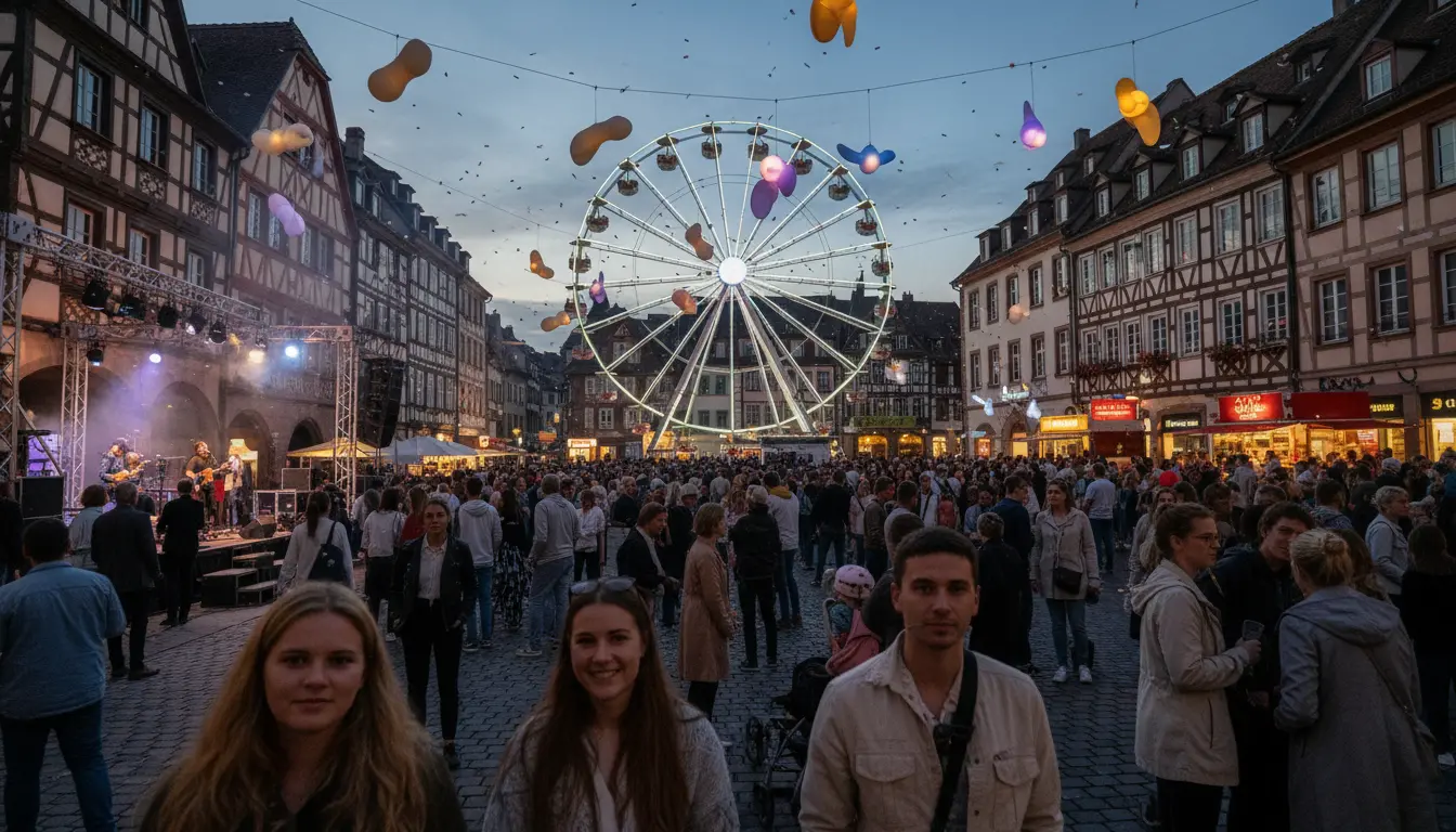 Evening crowd in Mulhouse city center during a summer festival
