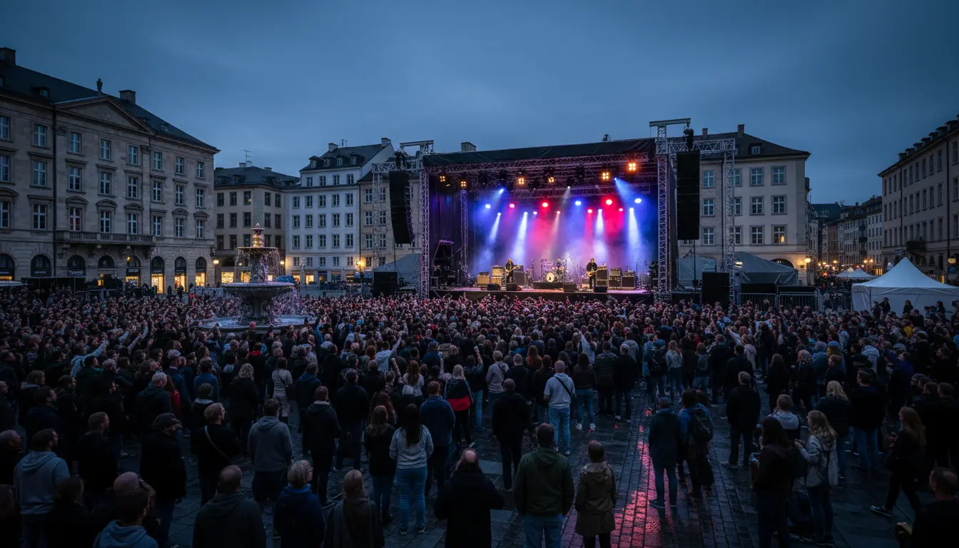 Rock concert stage on a city square with lights and audience