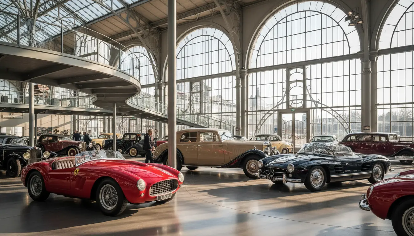 Classic automobiles displayed in the atrium of the National Automobile Museum in Mulhouse