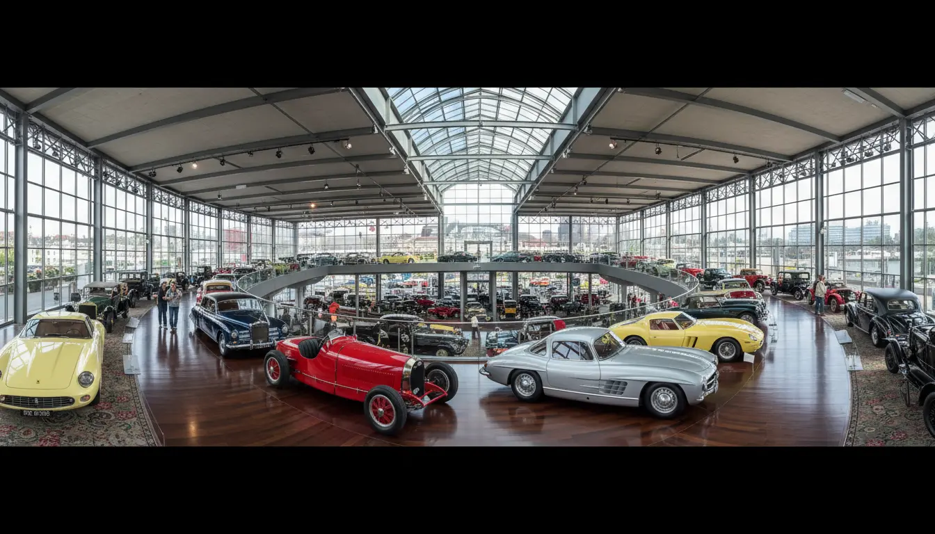 Interior panorama of a large automobile museum with iconic historic cars in Mulhouse