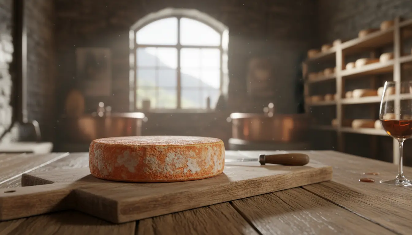 A rustic Alsatian munster cheese on a wooden board with a mountain dairy atmosphere