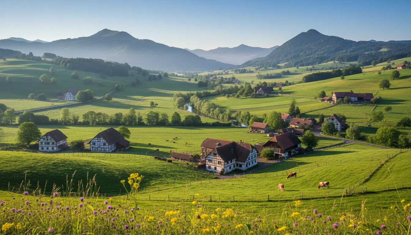 A scenic view of the Munster valley with Vosges mountains and traditional Alsatian dairy farms