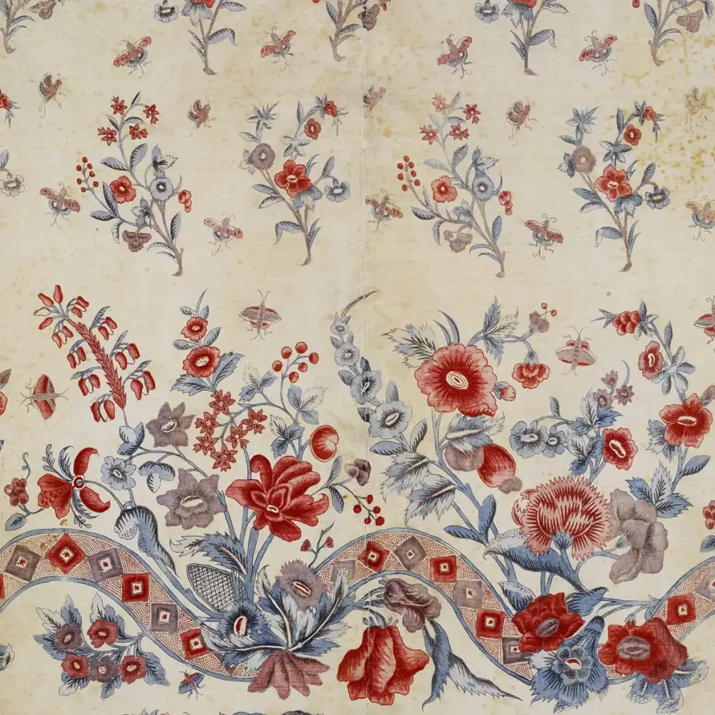 Panneau pour jupe, décor peint aux mordants et teinture sur coton, Inde, fin 18ème siècle Panneau pour jupe, décor peint aux mordants et teinture sur coton, Inde, fin 18ème siècle (source : https://www.musee-impression.fr/les-indiennes/)