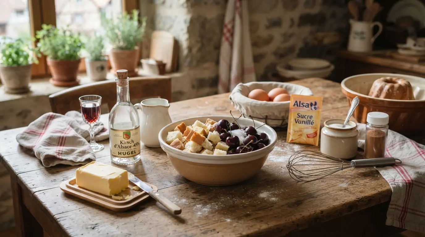 Rustic Alsatian kirschmichel ingredients on a kitchen table