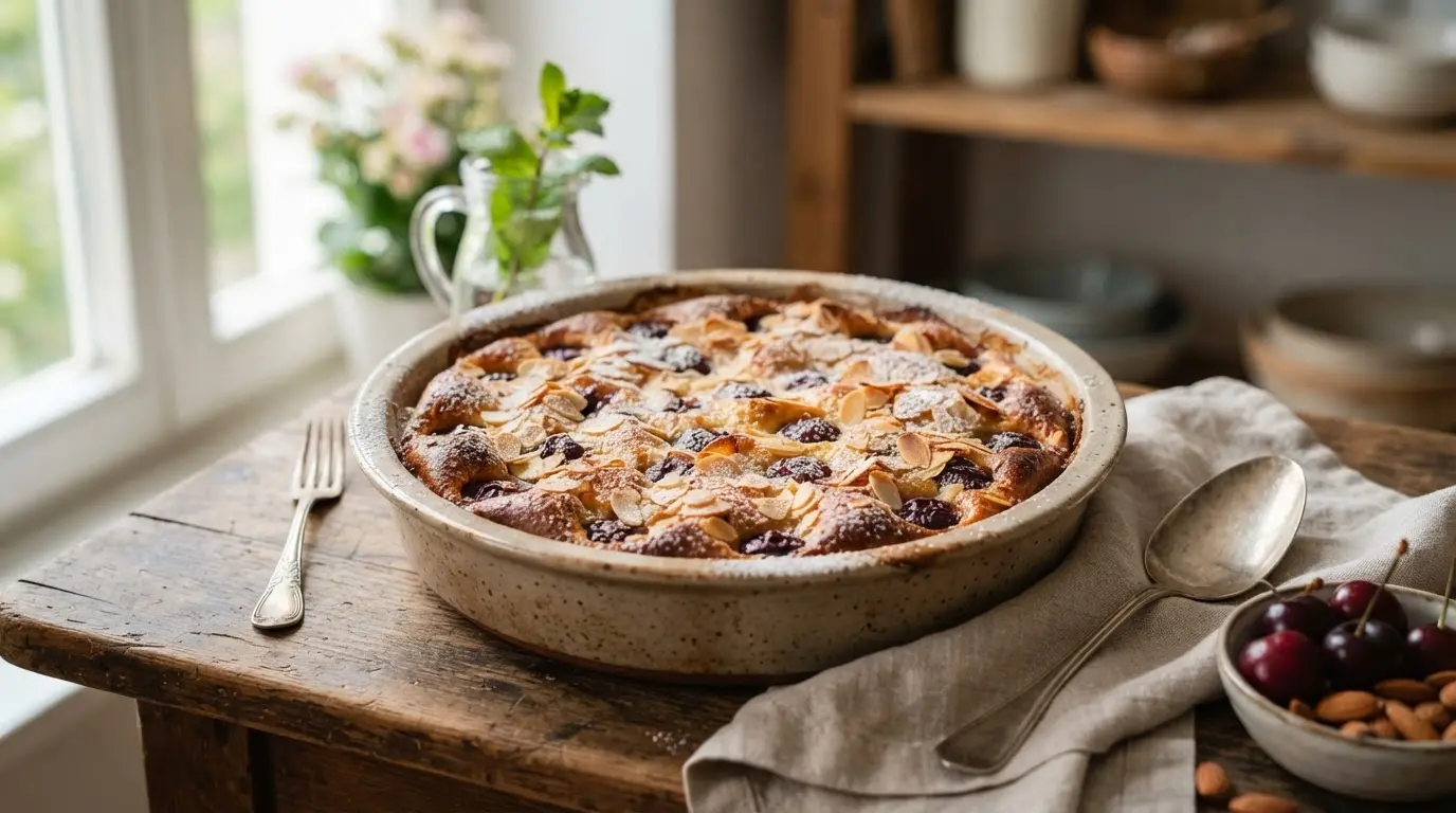 Golden kirschmichel baked in a dish with cherries and almond flakes